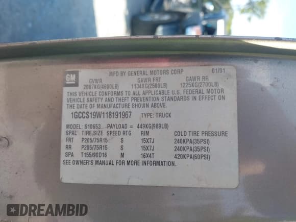 ✅ 2001 Chevrolet S-10 LS • VIN: 1GCCS19W118191967 • Lot: 43150765. Listed on IAAI with 265,726 mi. Free auction sales archive from the USA and detailed vehicle history report at DreamBid. Image 9.
