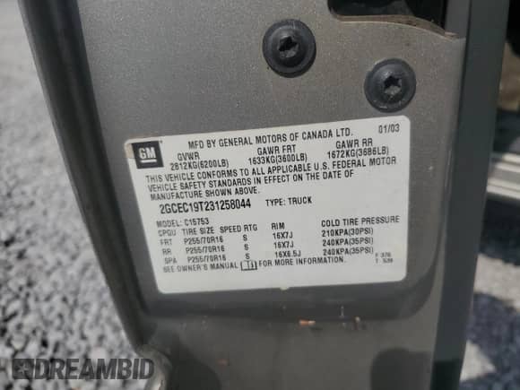 2003 Chevrolet Silverado 1500 LS with VIN 2GCEC19T231258044, listed as a Copart auction lot 84606025 with 174,012 mi miles and Salvage title. Bid and sale history available at DreamBid. Image 12.