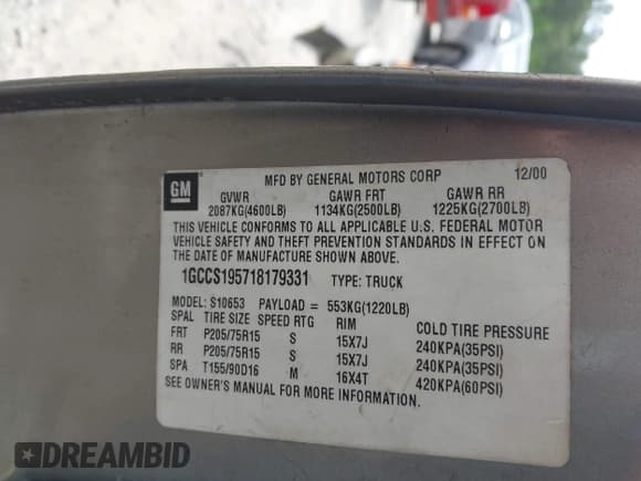 ✅ 2001 Chevrolet S-10 • VIN: 1GCCS195718179331 • Лот: 42230781. Опубликован ранее на IAAI с пробегом 153 627 миль. Бесплатный доступ к архиву аукционных продаж из США и подробный отчёт об истории автомобиля на DreamBid. Изображение 9.