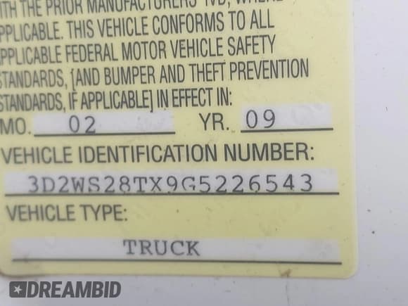 ✅ 2009 Dodge RAM • VIN: 3D2WS28TX9G526543 • Lot: 43634099. Listed on IAAI with 103,981 mi. Free auction sales archive from the USA and detailed vehicle history report at DreamBid. Image 9.
