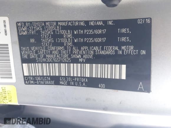 ✅ 2016 Toyota Sienna XLE • VIN: 5TDYK3DC1GS712625 • Lot: 43776249. Listed on IAAI with 185,521 mi. Free auction sales archive from the USA and detailed vehicle history report at DreamBid. Image 9.