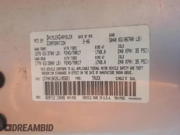 2006 Dodge 1500 ST z VIN 1D7HA18K26J185821, wystawiony jako Copart lot #70037434 z przebiegiem Nie podano mil oraz Szkoda całkowita • Salvage title. Historia ofert i sprzedaży dostępna na DreamBid. Obrazek 12.