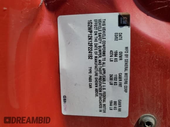 ✅ 2002 Pontiac Grand Prix GT • VIN: 1G2WP12K12F224182 • Lot: 57163345. Listed on Copart with 146,879 mi. Free auction sales archive from the USA and detailed vehicle history report at DreamBid. Image 12.