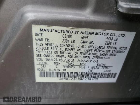 ✅ 2008 Nissan Altima SL • VIN: 1N4BL21EX8C238508 • Lot: 82153635. Listed on Copart with 258,975 mi. Free auction sales archive from the USA and detailed vehicle history report at DreamBid. Image 12.