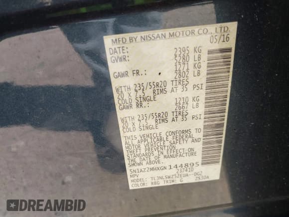 ✅ 2016 Nissan Murano Platinum • VIN: 5N1AZ2MHXGN144895 • Lot: 43415310. Wystawiony na IAAI z przebiegiem 105 107 mil. Bezpłatny archiwum sprzedaży aukcyjnych z USA i szczegółowy raport historii pojazdu na DreamBid. Zdjęcie 9.