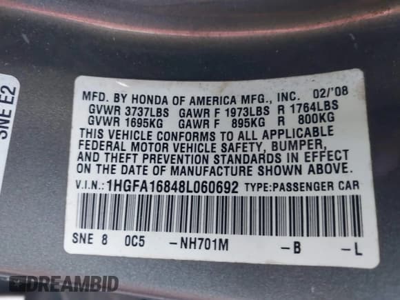 ✅ 2008 Honda Civic EX • VIN: 1HGFA16848L060692 • Lot: 43743466. Listed on IAAI with 290,031 mi. Free auction sales archive from the USA and detailed vehicle history report at DreamBid. Image 9.