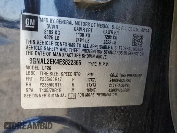 ✅ 2014 Chevrolet Captiva Sport LS • VIN: 3GNAL2EK4ES622366 • Lot: 53309555. Wystawiony na Copart z przebiegiem 73 561 mil. Bezpłatny archiwum sprzedaży aukcyjnych z USA i szczegółowy raport historii pojazdu na DreamBid. Zdjęcie 13.