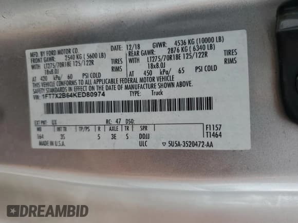 ✅ 2019 Ford F-250 XL • VIN: 1FT7X2B64KED80974 • Lot: 85522105. Listed on Copart with 173,553 mi. Free auction sales archive from the USA and detailed vehicle history report at DreamBid. Image 12.