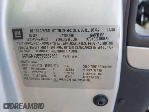 ✅ 2009 Chevrolet HHR LS • VIN: 3GNCA13B59S569663 • Lot: 41848088. Wystawiony na IAAI z przebiegiem 54 924 mil. Bezpłatny archiwum sprzedaży aukcyjnych z USA i szczegółowy raport historii pojazdu na DreamBid. Zdjęcie 9.