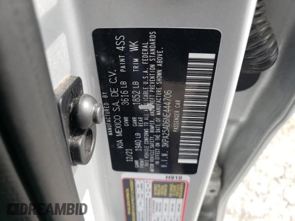 ✅ 2022 Kia Rio S • VIN: 3KPA25AD6NE444706 • Лот: 64235705. Опубликован ранее на Copart с пробегом 48 482 миль. Бесплатный доступ к архиву аукционных продаж из США и подробный отчёт об истории автомобиля на DreamBid. Изображение 12.