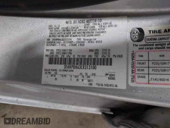 ✅ 2012 Ford Fusion SE • VIN: 3FAHP0HA3CR313100 • Lot: 43888027. Listed on IAAI with 206,717 mi. Free auction sales archive from the USA and detailed vehicle history report at DreamBid. Image 9.