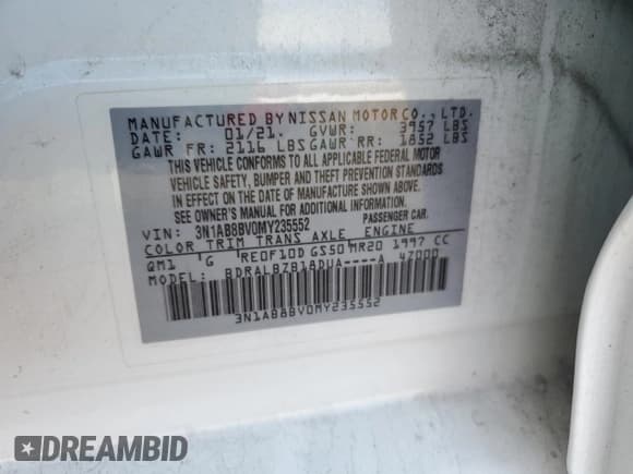 ✅ 2021 Nissan Sentra S • VIN: 3N1AB8BV0MY235552 • Lot: 85405425. Listed on Copart with 92,592 mi. Free auction sales archive from the USA and detailed vehicle history report at DreamBid. Image 12.