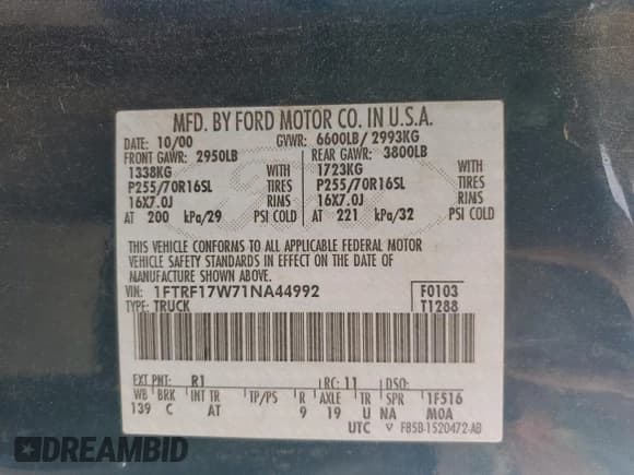 ✅ 2001 Ford F-150 XL • VIN: 1FTRF17W71NA44992 • Lot: 81205035. Listed on Copart with 125,671 mi. Free auction sales archive from the USA and detailed vehicle history report at DreamBid. Image 12.