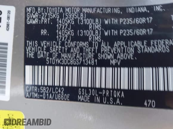 ✅ 2016 Toyota Sienna XLE • VIN: 5TDYK3DC8GS713481 • Lot: 41239824. Listed on IAAI with 176,935 mi. Free auction sales archive from the USA and detailed vehicle history report at DreamBid. Image 9.