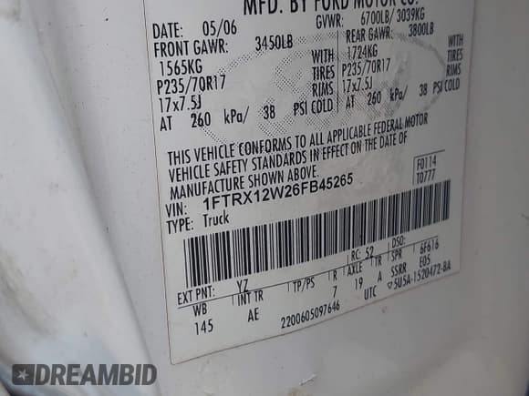 ✅ 2006 Ford F-150 STX • VIN: 1FTRX12W26FB45265 • Lot: 42949100. Listed on IAAI with 235,911 mi. Free auction sales archive from the USA and detailed vehicle history report at DreamBid. Image 9.