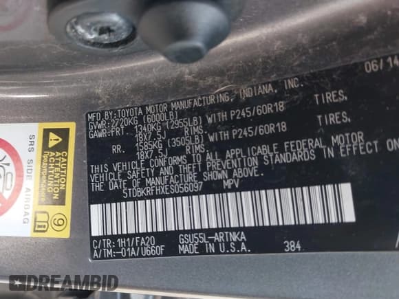 ✅ 2014 Toyota Highlander LE • VIN: 5TDBKRFHXES056097 • Lot: 43834509. Listed on IAAI with 183,860 mi. Free auction sales archive from the USA and detailed vehicle history report at DreamBid. Image 9.