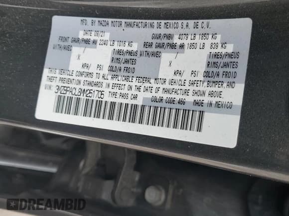 ✅ 2021 Mazda 3 Preferred • VIN: 3MZBPACL8MM251705 • Lot: 90800385. Listed on Copart with 61,785 mi. Free auction sales archive from the USA and detailed vehicle history report at DreamBid. Image 12.