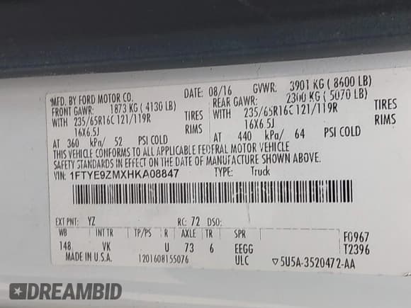 ✅ 2017 Ford Transit • VIN: 1FTYE9ZMXHKA08847 • Лот: 42706900. Опубликован ранее на IAAI с пробегом 171 526 миль. Бесплатный доступ к архиву аукционных продаж из США и подробный отчёт об истории автомобиля на DreamBid. Изображение 9.