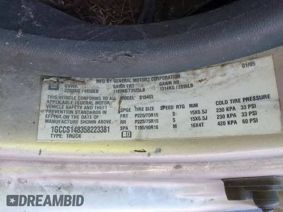 2005 Chevrolet Colorado Z85 с VIN 1GCCS148358223381, выставлен на аукционе IAAI как лот 43603570 с пробегом Не указан миль и . История ставок и продаж доступна на DreamBid. Изображение 9.