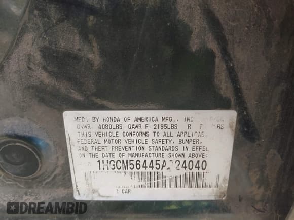 ✅ 2005 Honda Accord LX • VIN: 1HGCM56445A024040 • Лот: 43194465. Опубликован ранее на IAAI с пробегом 255 556 миль. Бесплатный доступ к архиву аукционных продаж из США и подробный отчёт об истории автомобиля на DreamBid. Изображение 9.