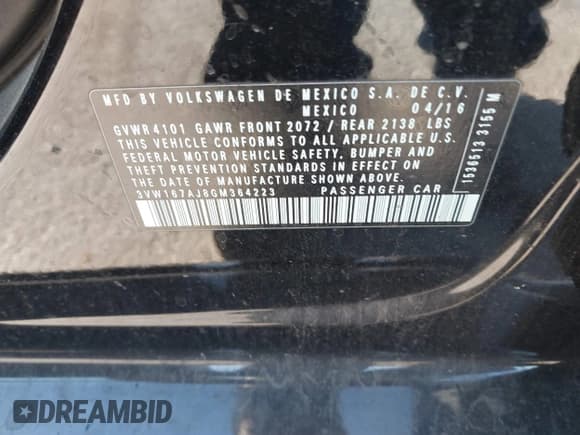 ✅ 2016 Volkswagen Jetta S • VIN: 3VW167AJ8GM364223 • Лот: 41657500. Опубликован ранее на IAAI с пробегом 45 721 миль. Бесплатный доступ к архиву аукционных продаж из США и подробный отчёт об истории автомобиля на DreamBid. Изображение 9.