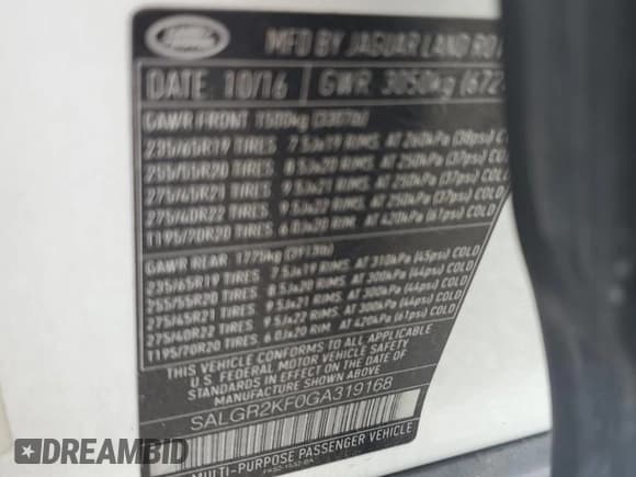 ✅ 2016 Land Rover Range Rover • VIN: SALGR2KF0GA319168 • Lot: 70199414. Listed on Copart with 101,033 mi. Free auction sales archive from the USA and detailed vehicle history report at DreamBid. Image 13.