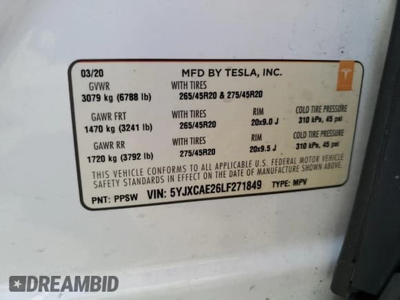 ✅ 2020 Tesla Model X Long Range • VIN: 5YJXCAE26LF271849 • Lot: 52869255. Listed on Copart with 108,147 mi. Free auction sales archive from the USA and detailed vehicle history report at DreamBid. Image 15.