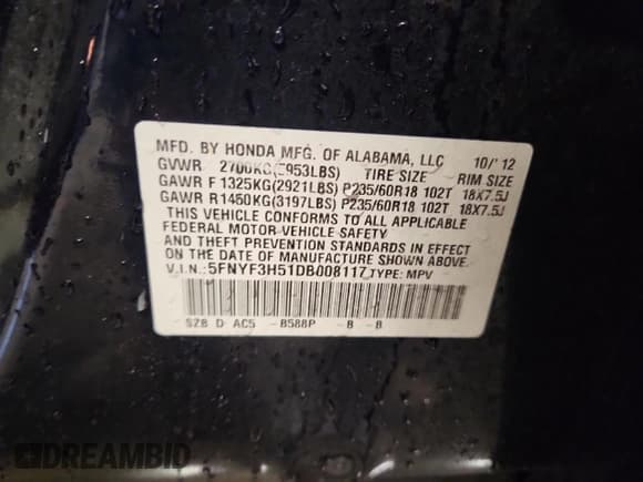 ✅ 2013 Honda Pilot EX-L • VIN: 5FNYF3H51DB008117 • Lot: 90404685. Listed on Copart with 128,417 mi. Free auction sales archive from the USA and detailed vehicle history report at DreamBid. Image 13.