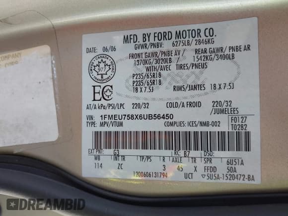 ✅ 2006 Ford Explorer Limited • VIN: 1FMEU758X6UB56450 • Lot: 43702785. Listed on IAAI with 216,120 mi. Free auction sales archive from the USA and detailed vehicle history report at DreamBid. Image 9.