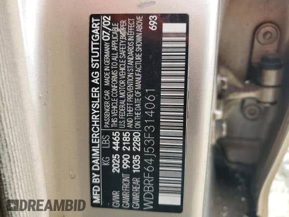 ✅ 2003 Mercedes-Benz C 320 • VIN: WDBRF64J53F314061 • Lot: 65704144. Listed on Copart with 210,883 mi. Free auction sales archive from the USA and detailed vehicle history report at DreamBid. Image 12.