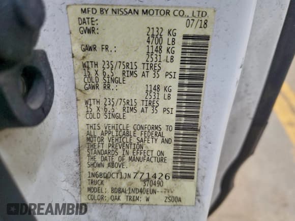 ✅ 2018 Nissan Frontier SV • VIN: 1N6BD0CT1JN771426 • Lot: 94345545. Listed on Copart with 185,809 mi. Free auction sales archive from the USA and detailed vehicle history report at DreamBid. Image 12.