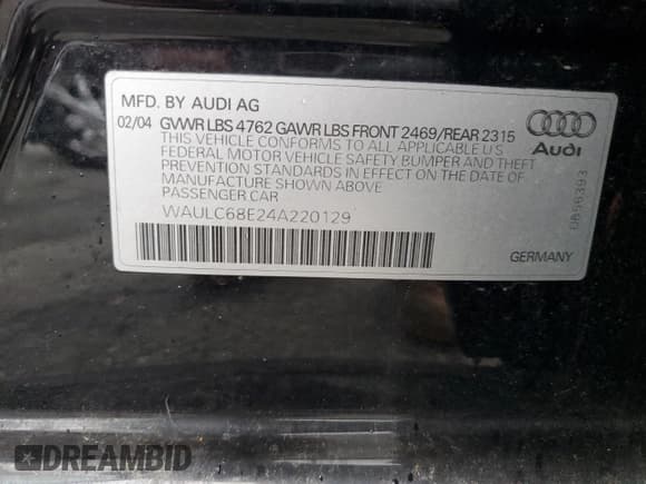 ✅ 2004 Audi A4 1.8T • VIN: WAULC68E24A220129 • Lot: 62147455. Listed on Copart with Not provided. Free auction sales archive from the USA and detailed vehicle history report at DreamBid. Image 12.