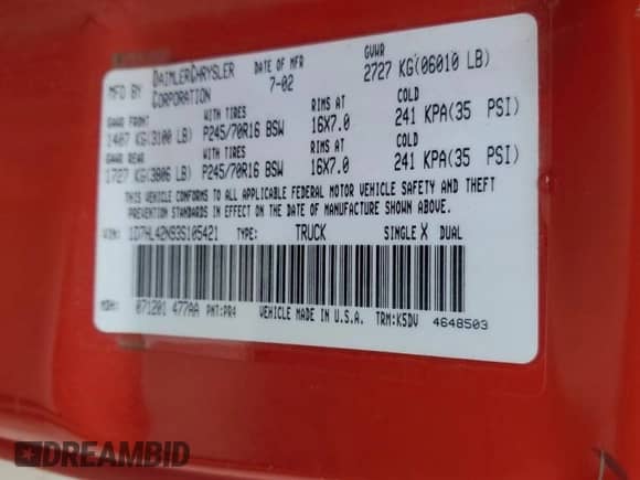 2003 Dodge Dakota SLT with VIN 1D7HL42N93S105421, listed as a Copart auction lot 83088264 with 210,194 mi miles and Salvage title. Bid and sale history available at DreamBid. Image 12.