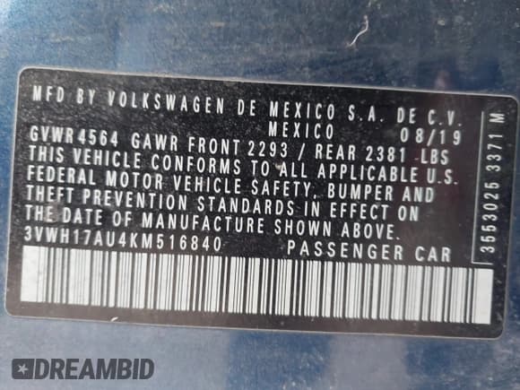 ✅ 2019 Volkswagen Golf S • VIN: 3VWH17AU4KM516840 • Lot: 41978817. Wystawiony na IAAI z przebiegiem 102 612 mil. Bezpłatny archiwum sprzedaży aukcyjnych z USA i szczegółowy raport historii pojazdu na DreamBid. Zdjęcie 9.