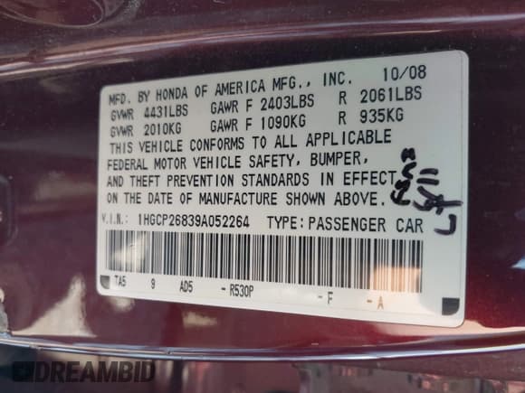 ✅ 2009 Honda Accord EX-L • VIN: 1HGCP26839A052264 • Лот: 43344905. Опубликован ранее на IAAI с пробегом 130 673 миль. Бесплатный доступ к архиву аукционных продаж из США и подробный отчёт об истории автомобиля на DreamBid. Изображение 9.