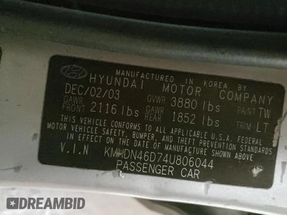 ✅ 2004 Hyundai Elantra GLS • VIN: KMHDN46D74U806044 • Lot: 46866905. Wystawiony na Copart z przebiegiem 148 980 mil. Bezpłatny archiwum sprzedaży aukcyjnych z USA i szczegółowy raport historii pojazdu na DreamBid. Zdjęcie 12.