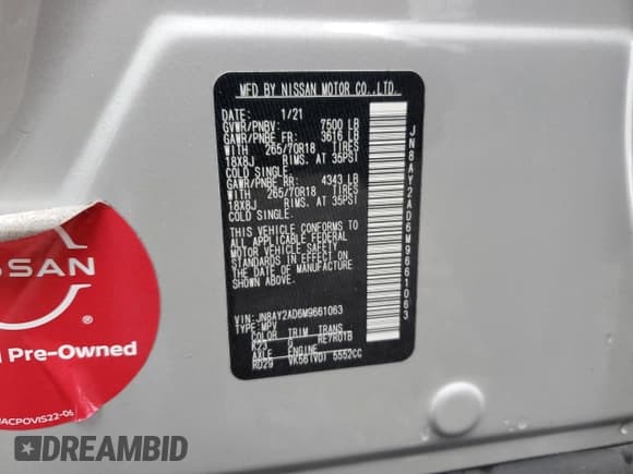 ✅ 2021 Nissan Armada SV • VIN: JN8AY2AD6M9661063 • Lot: 56225545. Listed on Copart with 97,566 mi. Free auction sales archive from the USA and detailed vehicle history report at DreamBid. Image 14.