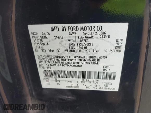 ✅ 2007 Ford Escape Limited • VIN: 1FMCU94107KA38380 • Lot: 42399848. Listed on IAAI with 156,690 mi. Free auction sales archive from the USA and detailed vehicle history report at DreamBid. Image 9.