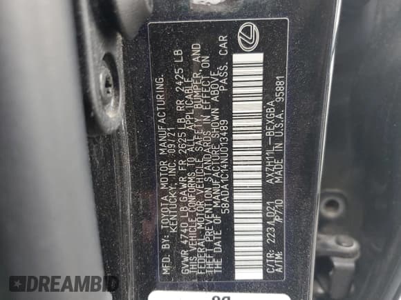 ✅ 2022 Lexus ES 300h • VIN: 58ADA1C14NU013489 • Lot: 92074305. Wystawiony na Copart z przebiegiem 72 851 mil. Bezpłatny archiwum sprzedaży aukcyjnych z USA i szczegółowy raport historii pojazdu na DreamBid. Zdjęcie 13.