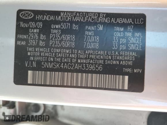 ✅ 2010 Hyundai Santa Fe Limited • VIN: 5NMSK4AG2AH339656 • Lot: 75564474. Listed on Copart with Not provided. Free auction sales archive from the USA and detailed vehicle history report at DreamBid. Image 14.