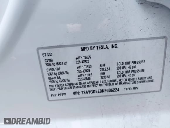 ✅ 2022 Tesla Model Y Long Range • VIN: 7SAYGDEE0NF506224 • Lot: 43551820. Listed on IAAI with 33,368 mi. Free auction sales archive from the USA and detailed vehicle history report at DreamBid. Image 9.
