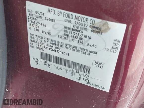 ✅ 2004 Ford F-350 • VIN: 1FTSF31PX4ED56078 • Lot: 42059227. Listed on IAAI with 141,915 mi. Free auction sales archive from the USA and detailed vehicle history report at DreamBid. Image 9.