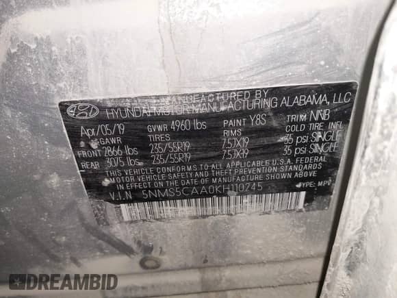 2019 Hyundai Santa Fe Limited z VIN 5NMS5CAA0KH110245, wystawiony jako IAAI lot #41626303 z przebiegiem 86 992 mil mil oraz . Historia ofert i sprzedaży dostępna na DreamBid. Obrazek 9.