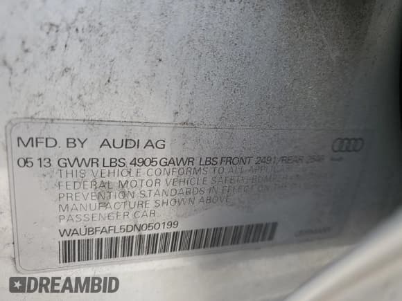 ✅ 2013 Audi A4 Premium • VIN: WAUBFAFL5DN050199 • Lot: 92986725. Listed on Copart with 111,889 mi. Free auction sales archive from the USA and detailed vehicle history report at DreamBid. Image 12.