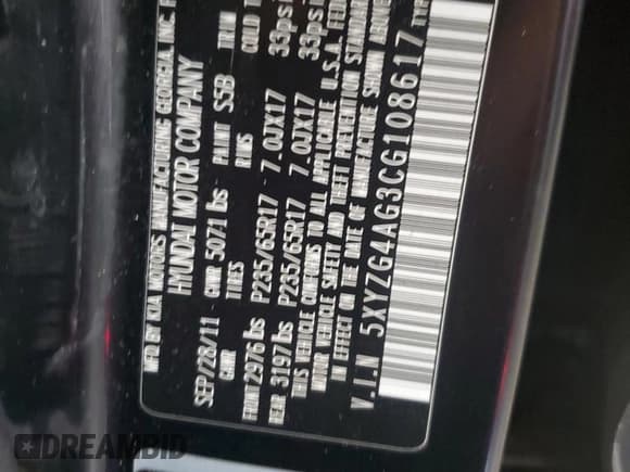 ✅ 2012 Hyundai Santa Fe GLS • VIN: 5XYZG4AG3CG108617 • Lot: 73287674. Listed on Copart with 187,739 mi. Free auction sales archive from the USA and detailed vehicle history report at DreamBid. Image 15.