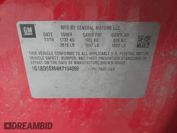 2017 Chevrolet Cruze LT с VIN 1G1BD5SM4H7194098, выставлен на аукционе IAAI как лот 42258631 с пробегом 111 502 миль миль и . История ставок и продаж доступна на DreamBid. Изображение 9.