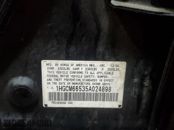 ✅ 2005 Honda Accord EX-L • VIN: 1HGCM66535A024898 • Lot: 89705065. Listed on Copart with 218,686 mi. Free auction sales archive from the USA and detailed vehicle history report at DreamBid. Image 12.