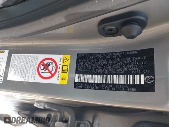 ✅ 2017 Lexus ES 350 • VIN: 58ABK1GG5HU072848 • Lot: 42166111. Listed on IAAI with 98,633 mi. Free auction sales archive from the USA and detailed vehicle history report at DreamBid. Image 9.