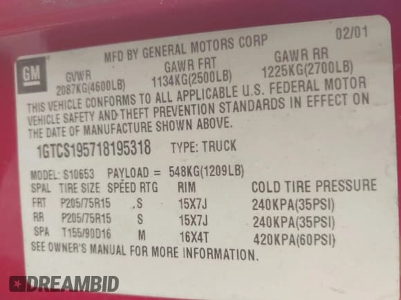 ✅ 2001 GMC Sonoma SLS 1SF • VIN: 1GTCS195718195318 • Лот: 42567214. Опубликован ранее на IAAI с пробегом 149 182 миль. Бесплатный доступ к архиву аукционных продаж из США и подробный отчёт об истории автомобиля на DreamBid. Изображение 9.