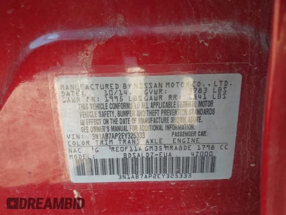 ✅ 2014 Nissan Sentra SV • VIN: 3N1AB7AP2EY325333 • Lot: 43642082. Listed on IAAI with 125,002 mi. Free auction sales archive from the USA and detailed vehicle history report at DreamBid. Image 9.